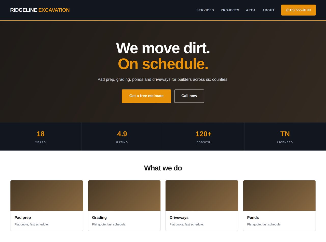 The same contractor's website rebuilt: modern, photo-led and built to capture leads